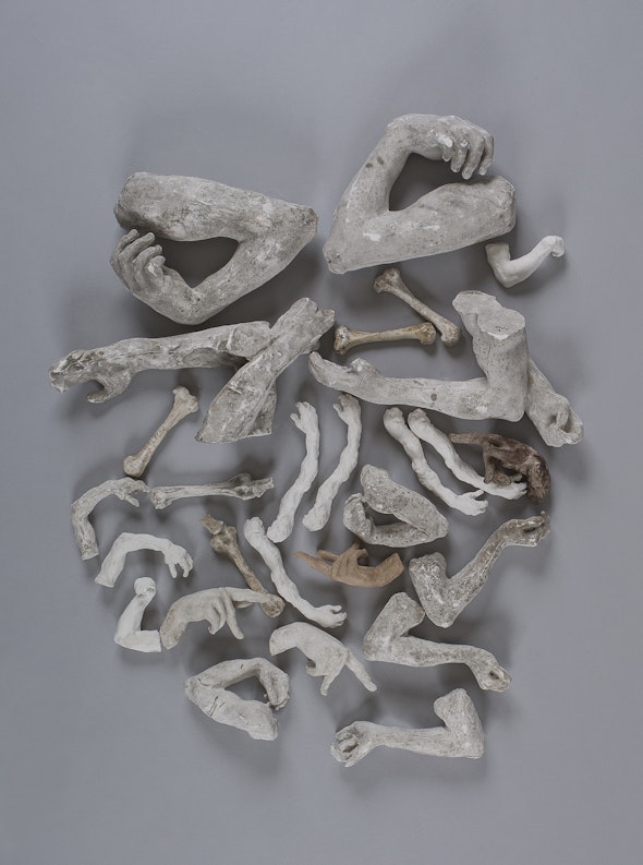 A collection of plaster molds of arms, hands, bones, and other spare body parts, all created by Rodin.