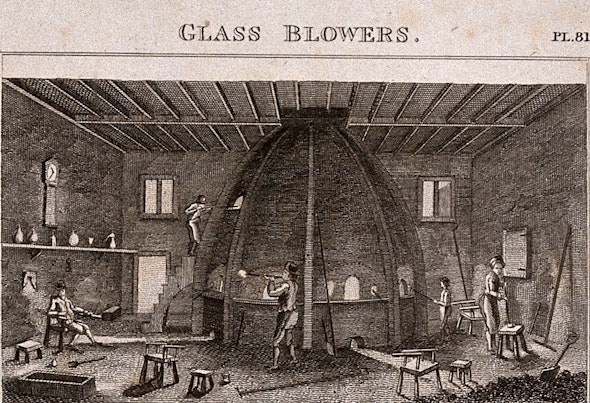 <p>This 1810 print (shown in two parts) details the process and tools behind mold-blown glass.</p>