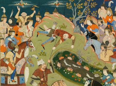 Close-Looking Immersion: Persian Manuscript <i>Rustam Lifts Qanun from His Horse</i>